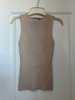 Sleeveless Rib Knit Tank Top - Beige